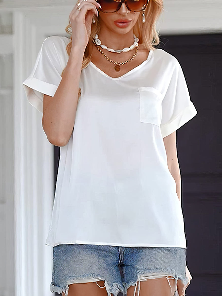 T-Shirts - V Neck Pocket Rolled Short Sleeve Loose Casual T-Shirt - MsDressly