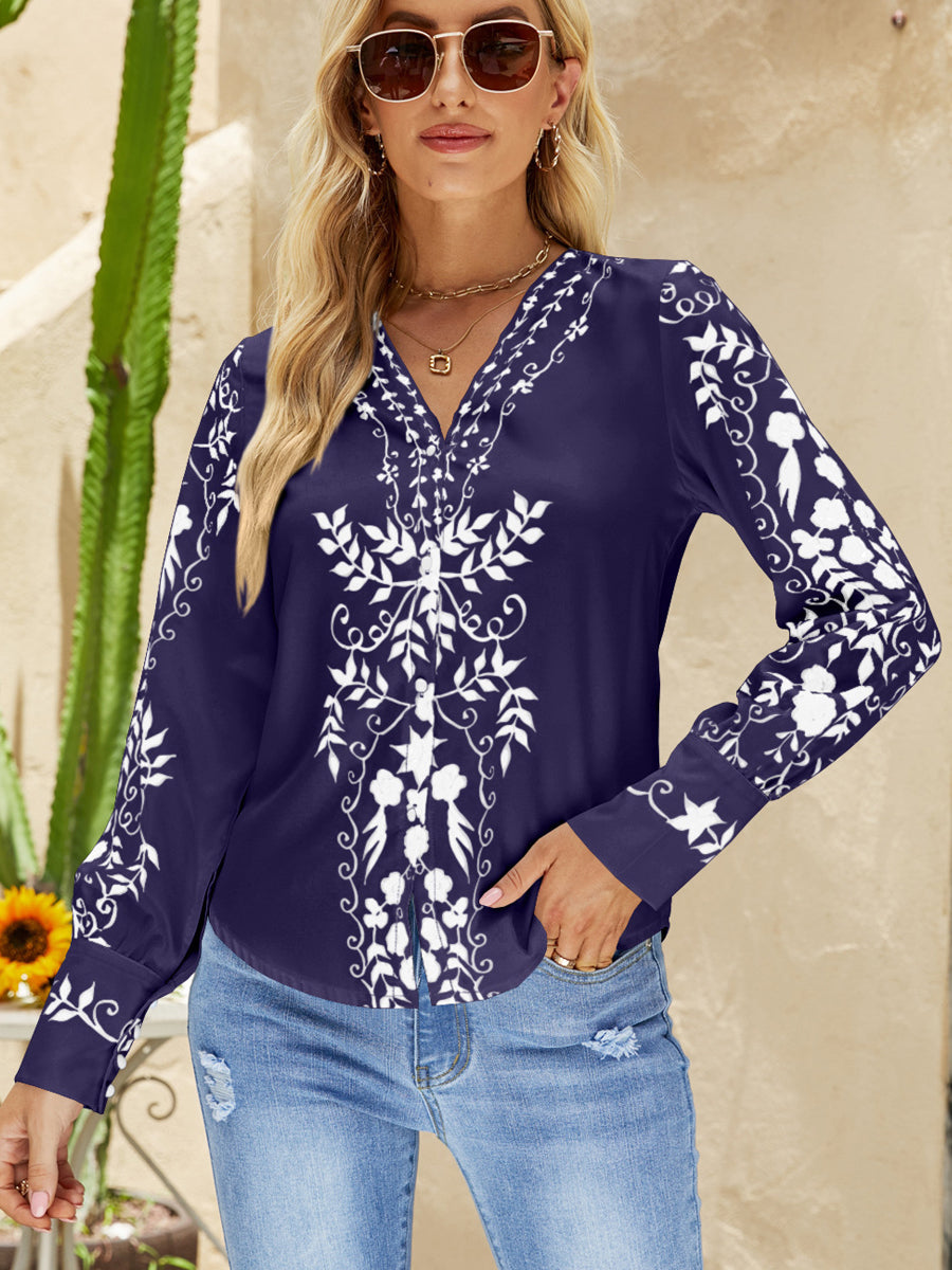 Blouses - Stylish Button Print Casual Comfortable V Neck Blouse - MsDressly