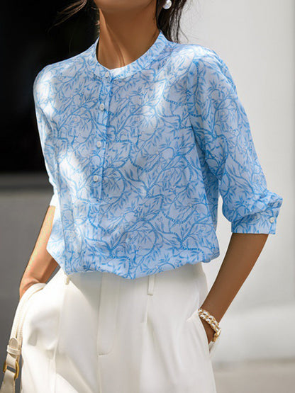 Blouses - Long Sleeve Ruffle Neck Floral Blouse - MsDressly