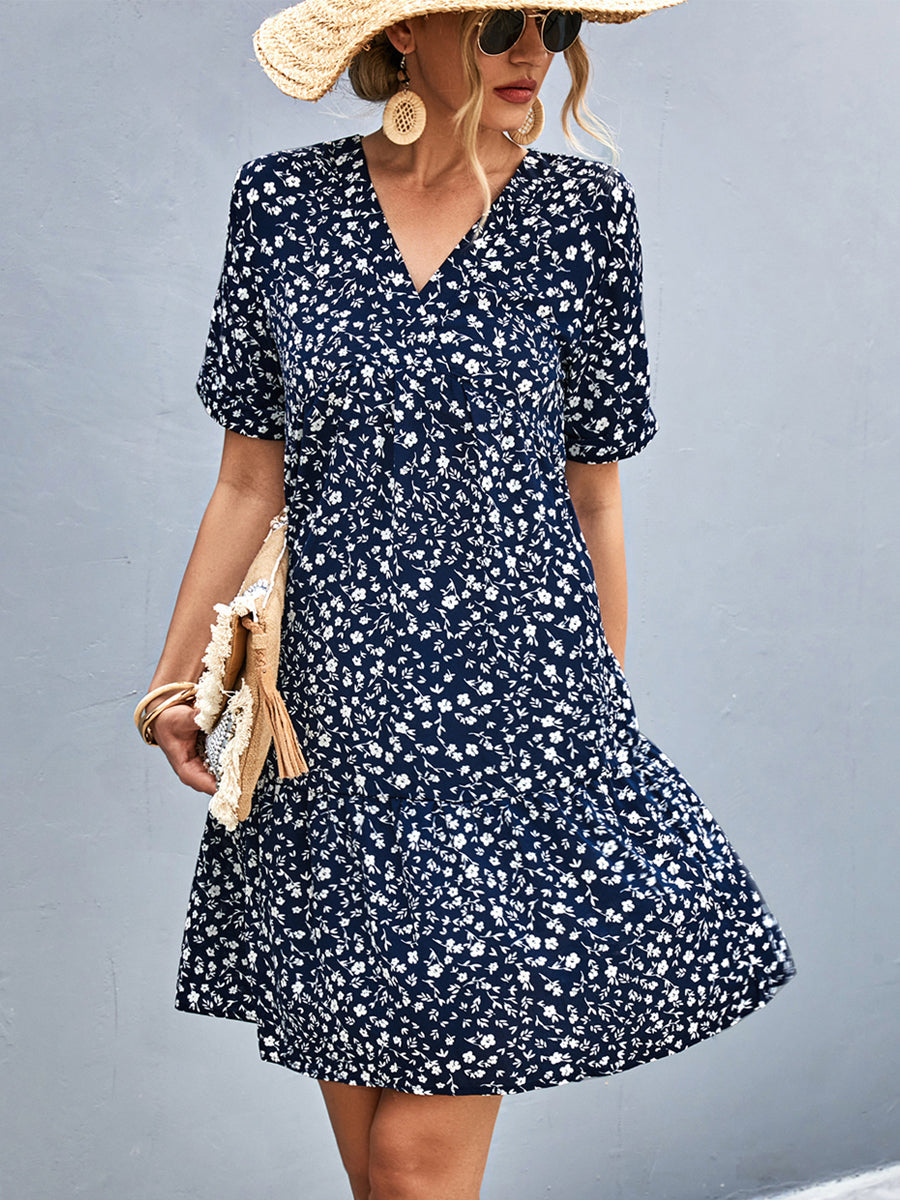 Printed Stylish And Versatile V Neck Short Sleeve Midi Dress