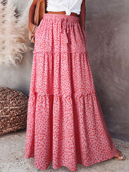 Maxi Dresses - Leopard Drawstring Waist Frill Trim Tiered Maxi Dress - MsDressly