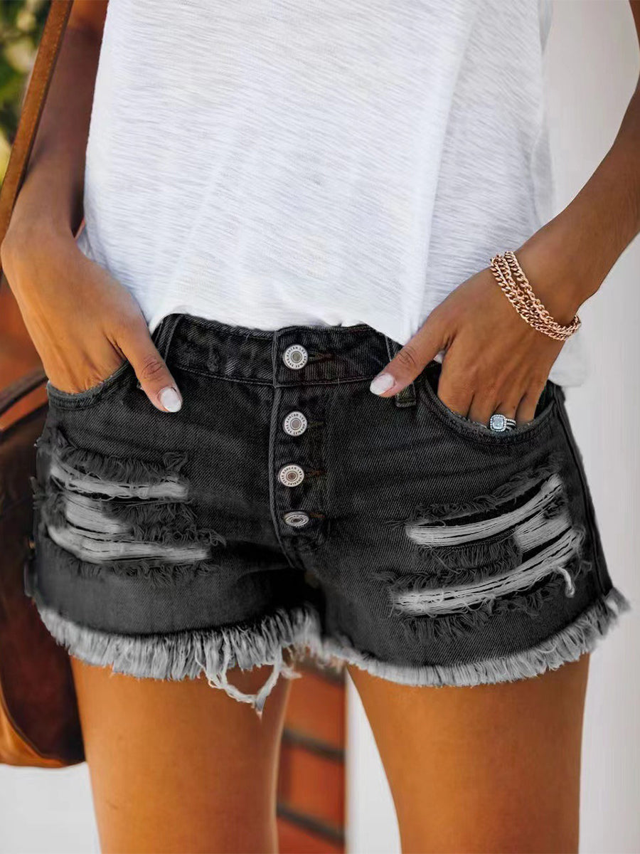 Pants - With Holes And Tassels Trendy Denim Straight Breasted Pants - MsDressly