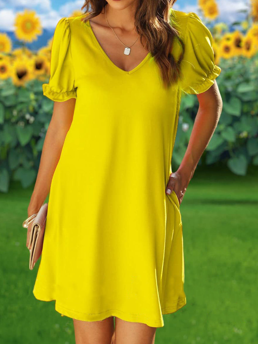 Mini Dresses - Round Neck Flounce Sleeve Pockets Mini Dress - MsDressly