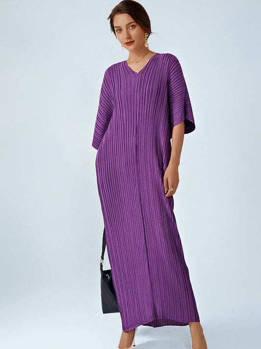 Loose Pleated Commuting Temperament High Waist  V-Neck Maxi Dress