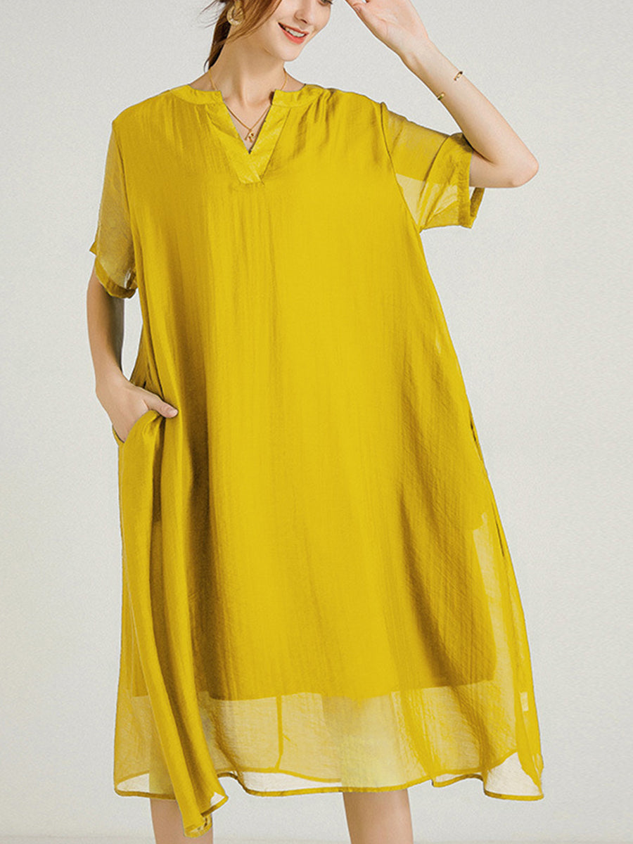 Plus Midi Dresses - Size Curve Dresses Large Size V-Neck Short Sleeve Silk Loose Midi Dress - MsDressly