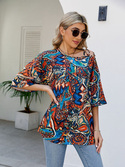 T-Shirts - Oblique Shoulder Print Bands Bandage Loose T-Shirt - MsDressly