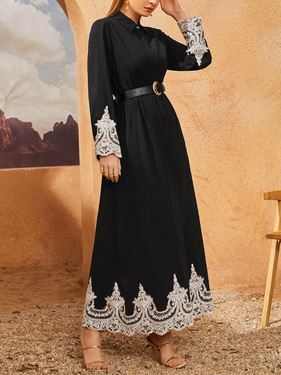 Maxi Dresses - Turn Up Button Lace Belt Maxi Long Maxi Dress - MsDressly