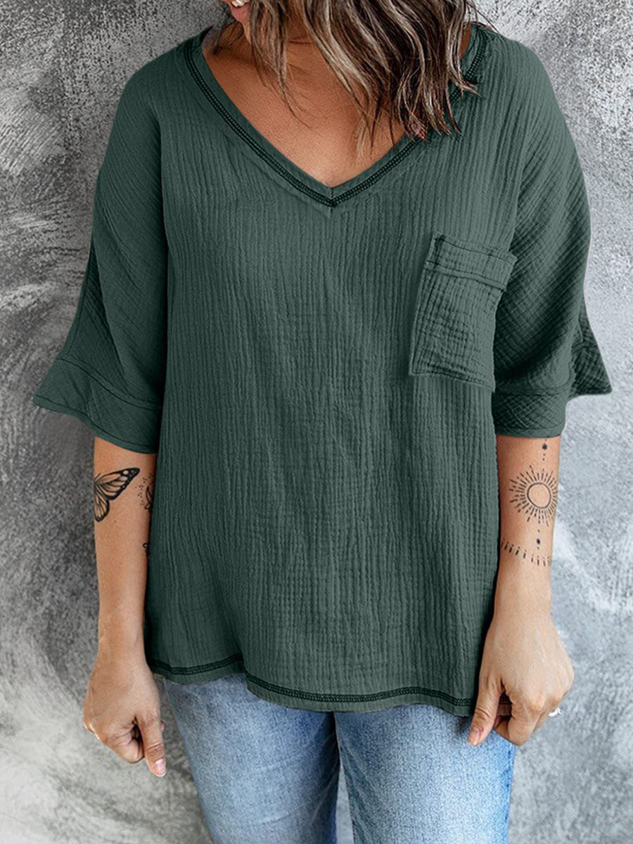 T-Shirts - Fashion Solid Color V Neck Mid Sleeve T-Shirt - MsDressly