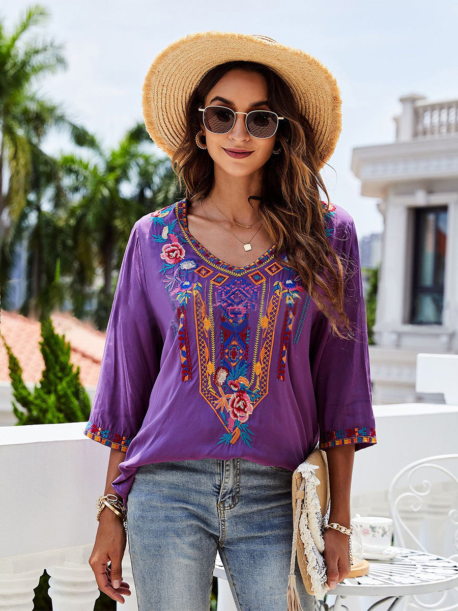 Blouses - Fashion Embroidered Flowers V-neck Versatile Blouse - MsDressly