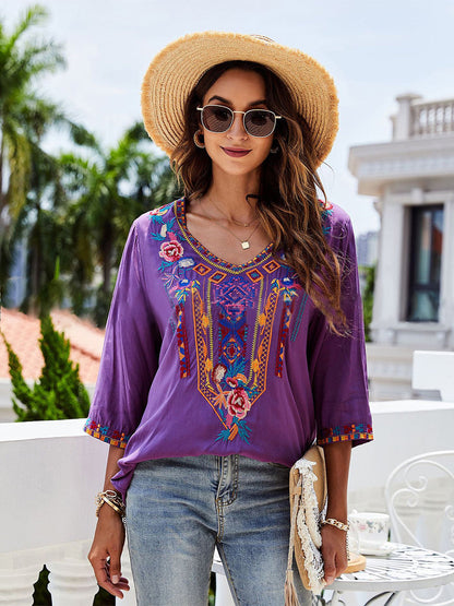 Blouses - Fashion Embroidered Flowers V-neck Versatile Blouse - MsDressly
