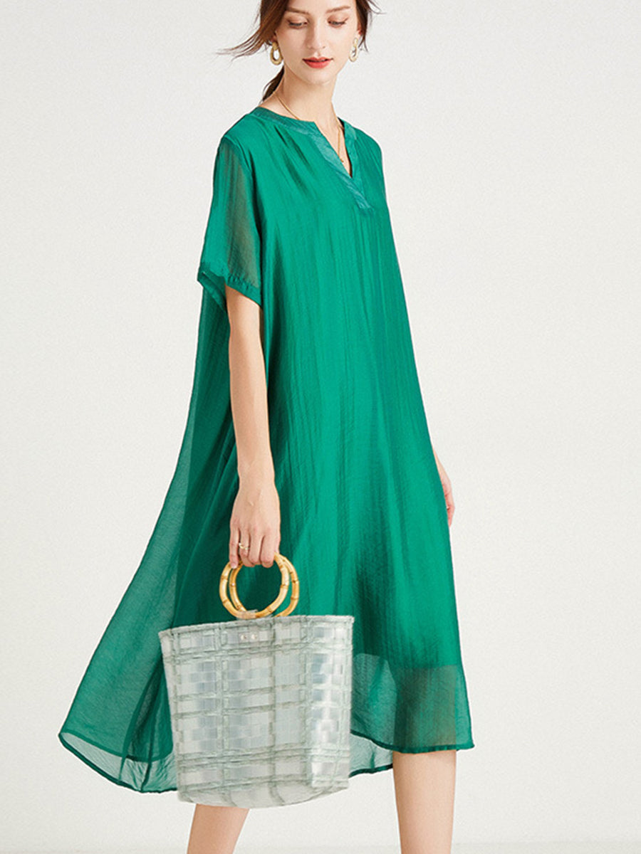 Plus Midi Dresses - Size Curve Dresses Large Size V-Neck Short Sleeve Silk Loose Midi Dress - MsDressly