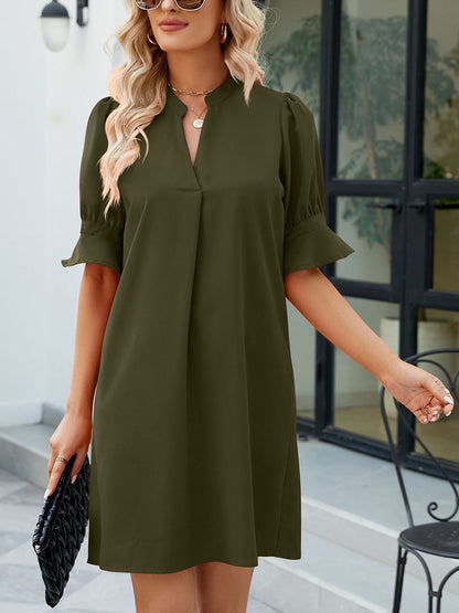 Solid Color Loose V Neck Half Sleeve Mini Dress