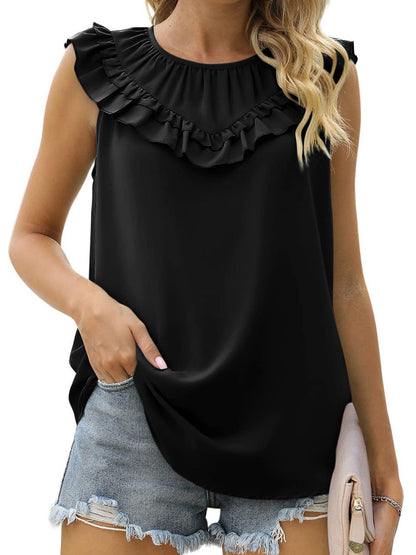 Tops Pleated Chiffon Solid Sleeveless Tank Top