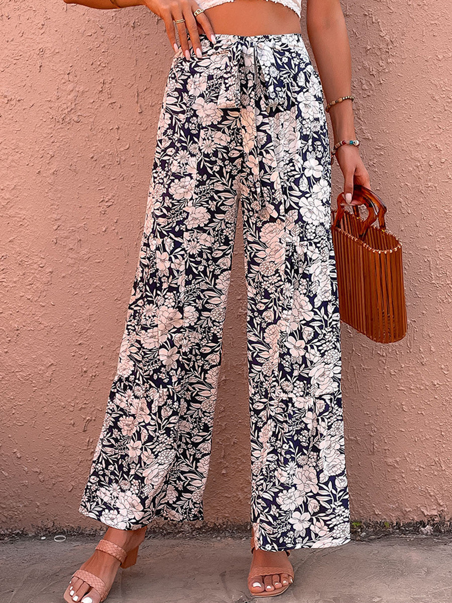 Pants - Lace Up Printed High Waist Loose Pants - MsDressly