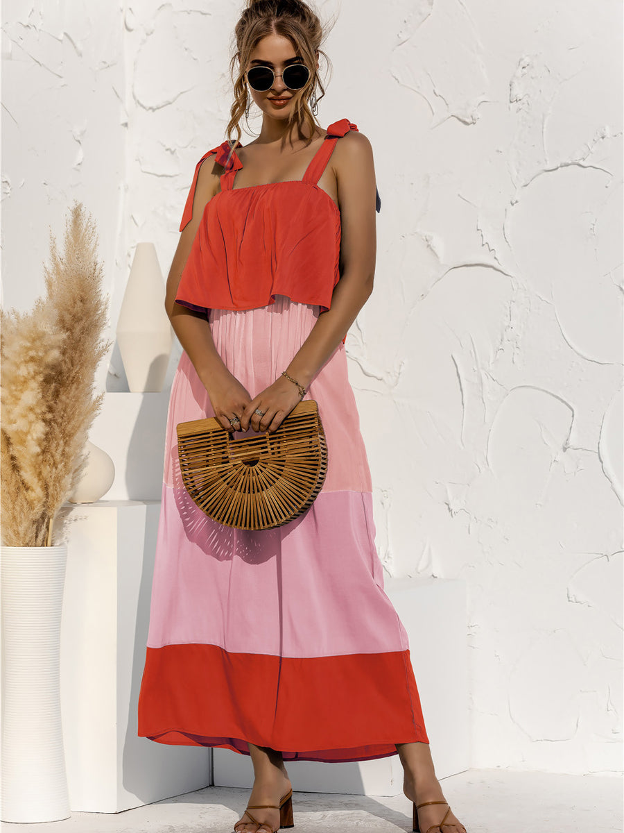 Midi Dresses - Color Block Tie Shoulder Tiered Sleeveless Midi Dress - MsDressly