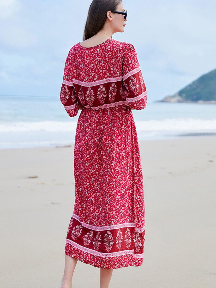 Midi Dresses - V Neck Loose Floral Button Slit Midi Dress - MsDressly