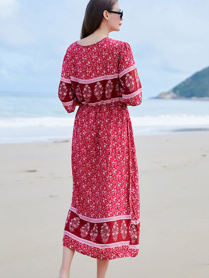 Midi Dresses - V Neck Loose Floral Button Slit Midi Dress - MsDressly