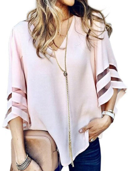 Blouses - V-Neck Mesh Flare Sleeve Chiffon Loose Blouse - MsDressly