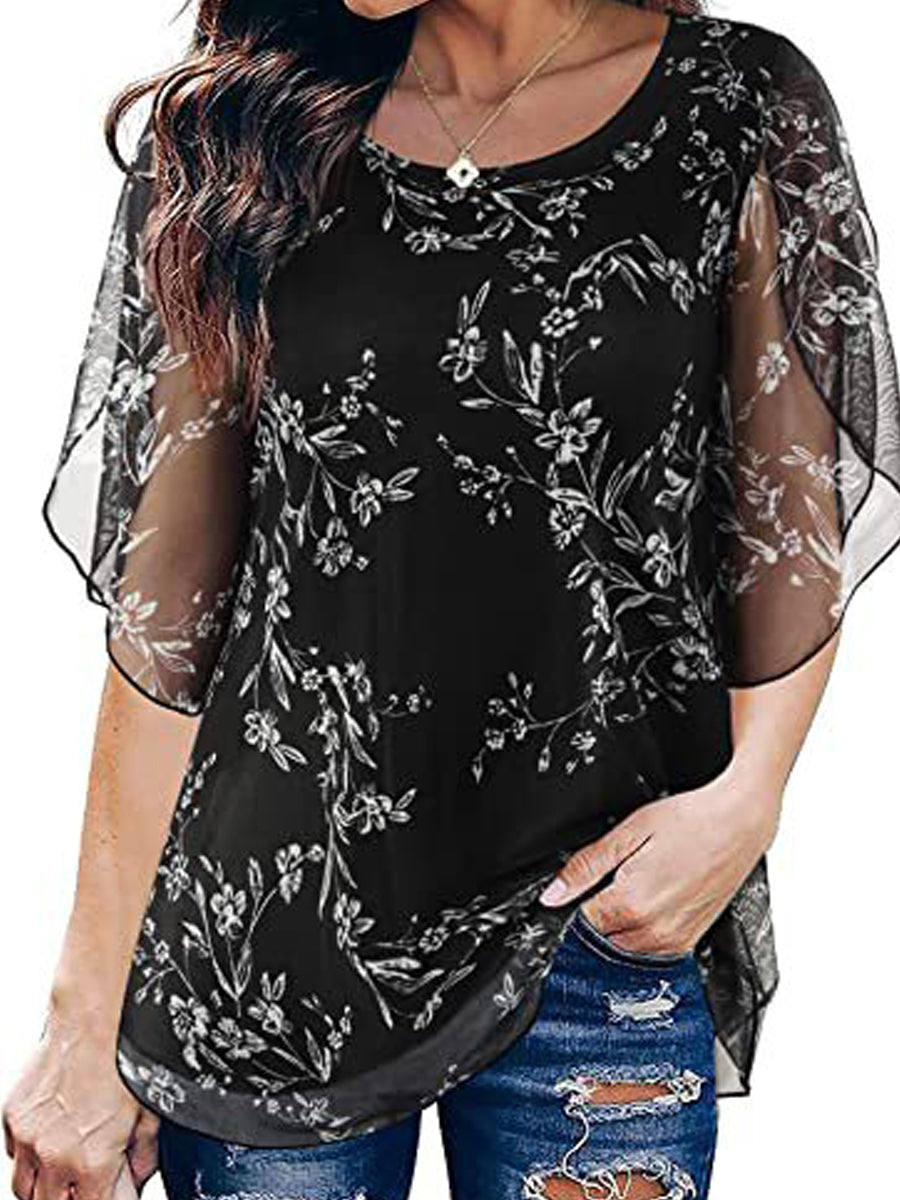 Blouses - Casual Double Layers Mesh Tunics V Neck 3/4 Sleeve Blouse - MsDressly