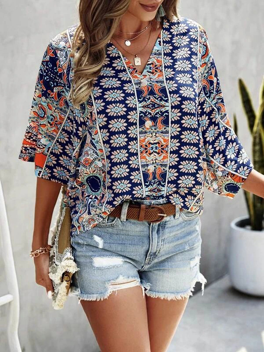 Blouses - Casual Solid Flowy Loose Tunic Short Sleeve V Neck Blouse - MsDressly