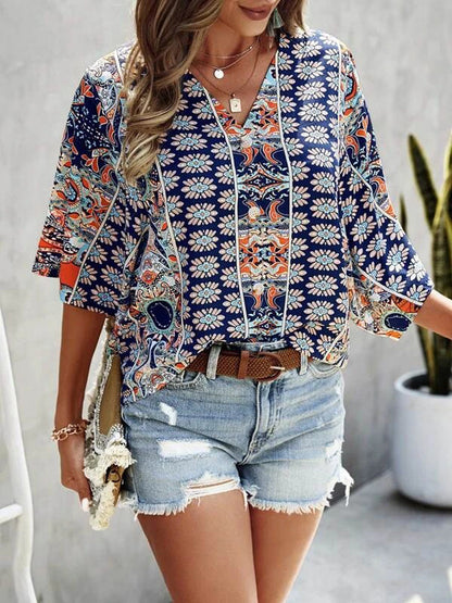 Blouses - Casual Solid Flowy Loose Tunic Short Sleeve V Neck Blouse - MsDressly