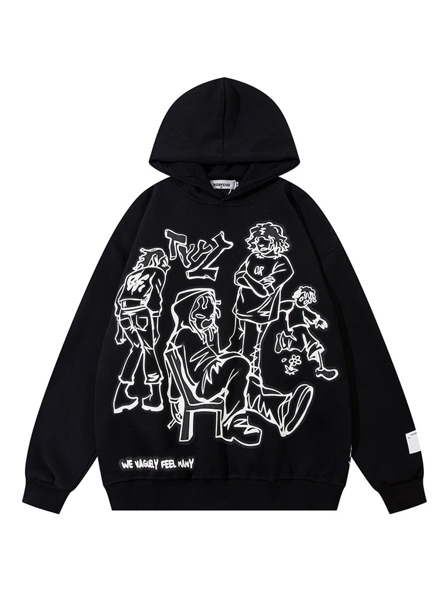 Hoodies - Star Letter Print Zip Up Loose Retro Oversized Long Sleeve Hoodie - MsDressly