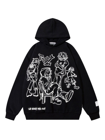 Hoodies - Star Letter Print Zip Up Loose Retro Oversized Long Sleeve Hoodie - MsDressly