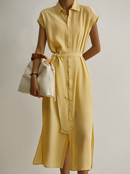 Midi Dresses - Shirtdress Work Collar Button Midi Dress - MsDressly