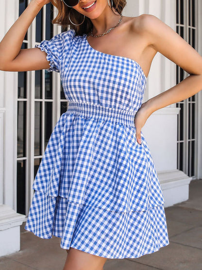 Mini Dresses - One Shoulder Multi Layered Puff Sleeve Mini Dress - MsDressly