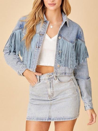 Coats - Stylish Lapel Fringed Cropped Denim Coat - MsDressly