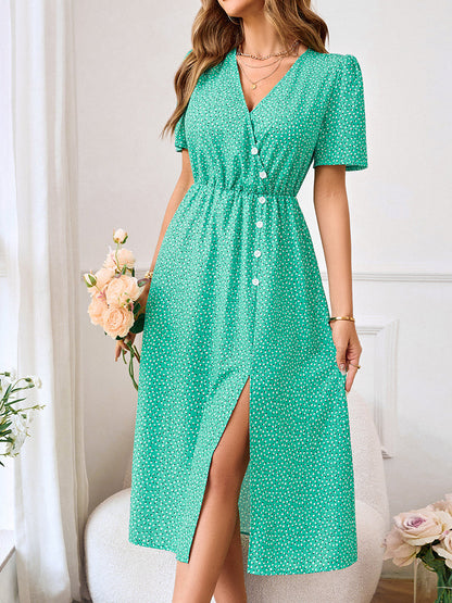 Midi Dresses - Fresh Printed Waist Tie V-Neck Midi Dress - MsDressly