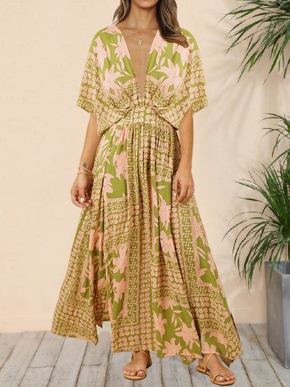 Maxi Dresses - Floral Deep V Dolman Sleeve Split Maxi Dress - MsDressly