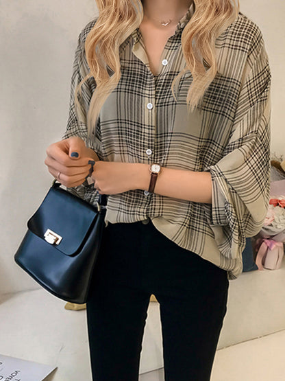 Blouses - Plaid Hong Kong Style Long Sleeve Blouse - MsDressly