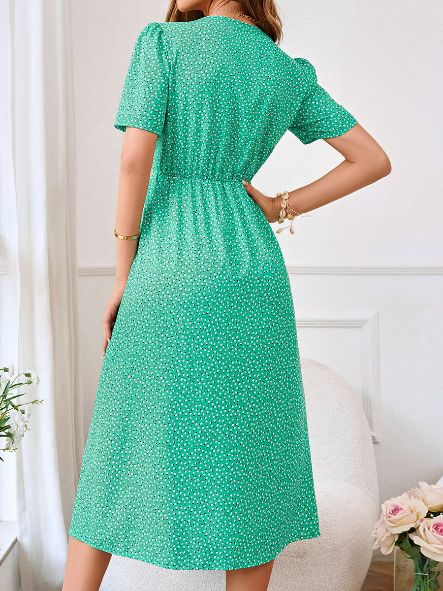 Midi Dresses - Fresh Printed Waist Tie V-Neck Midi Dress - MsDressly