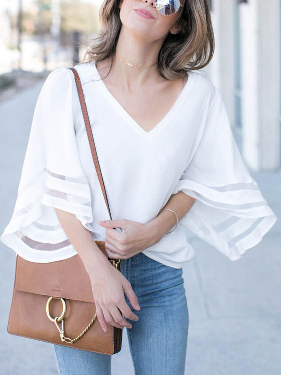 Blouses - V-Neck Mesh Flare Sleeve Chiffon Loose Blouse - MsDressly