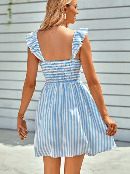 Mini Dresses - Casual Off Shoulder Ruffle Striped Mini Dress - MsDressly