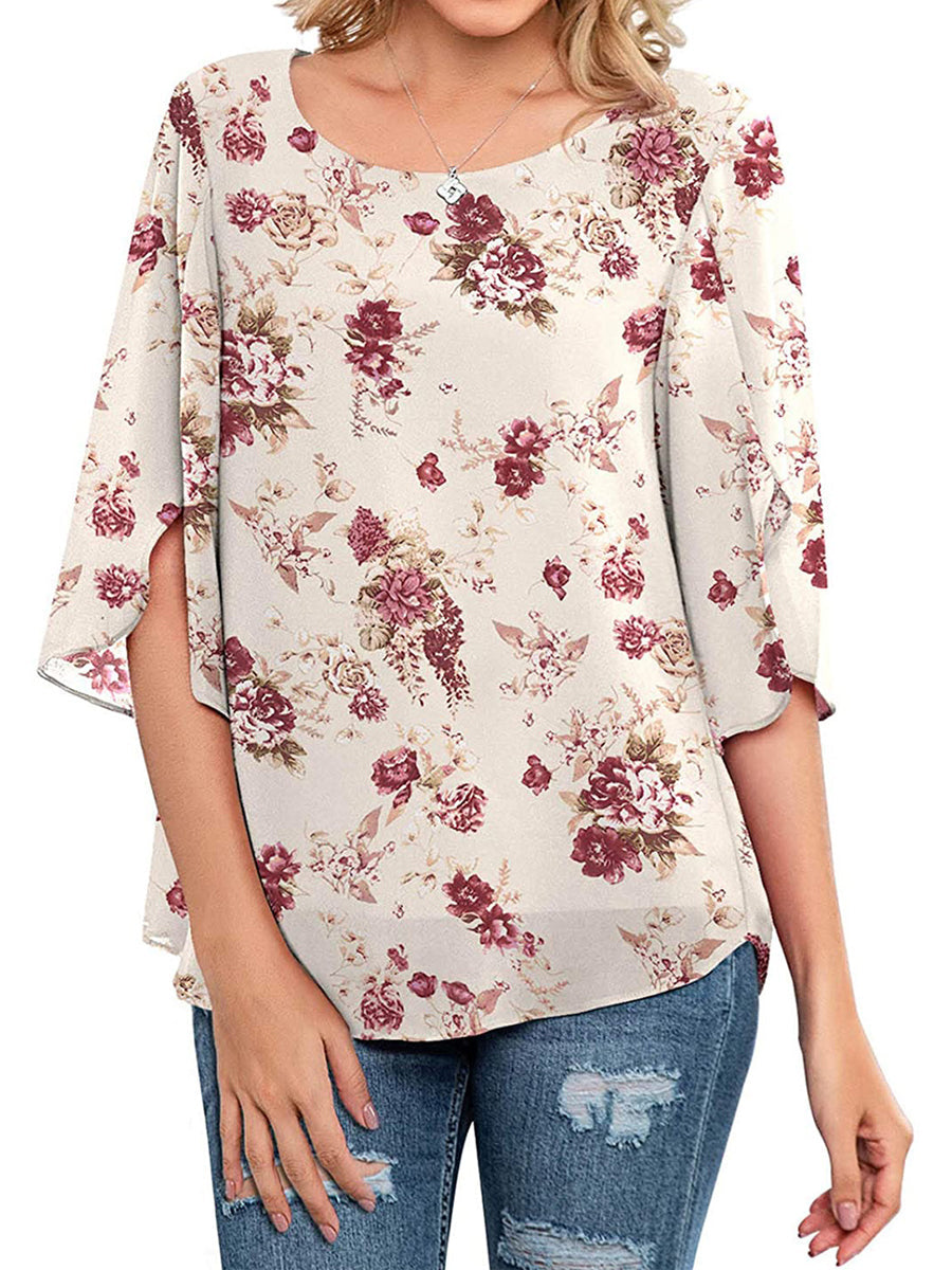Casual Scoop Neck Loose 3/4 Sleeve Chiffon T-Shirt