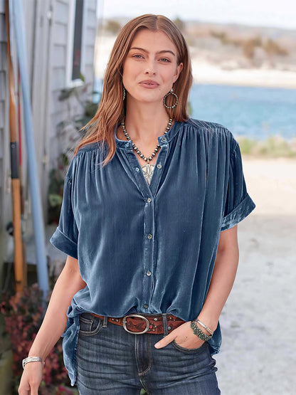 Blouses - Gold Velvet Solid Color Short Sleeve Round Neck Blouse - MsDressly