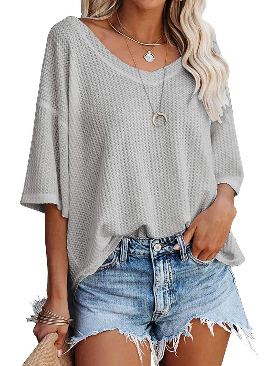 Blouses - Causual Waffle Knit Loose Tunic V Neck Short Sleeve Blouse - MsDressly
