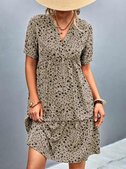 Midi Dresses - Printed Stylish And Versatile V Neck Short Sleeve Midi Dress - MsDressly