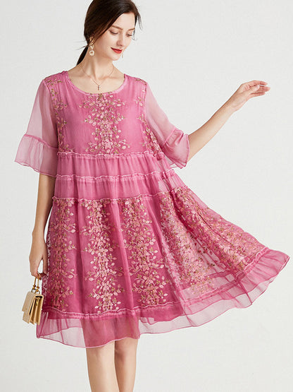 Plus Mini Dresses - Size Curve Dresses Plus Size Loose Round Neck Floral Casual Chiffon Mini Dress - MsDressly