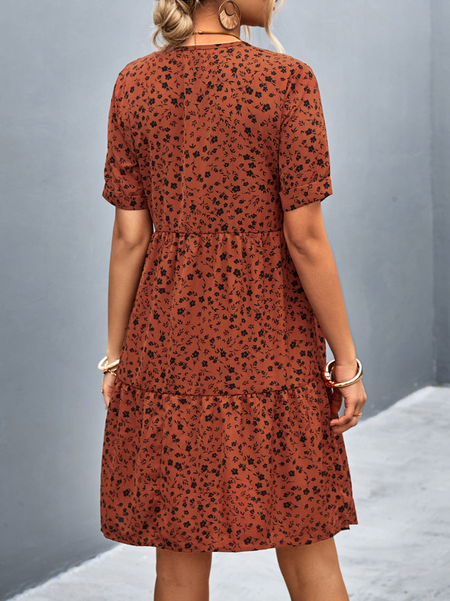 Midi Dresses - Printed Stylish And Versatile V Neck Short Sleeve Midi Dress - MsDressly