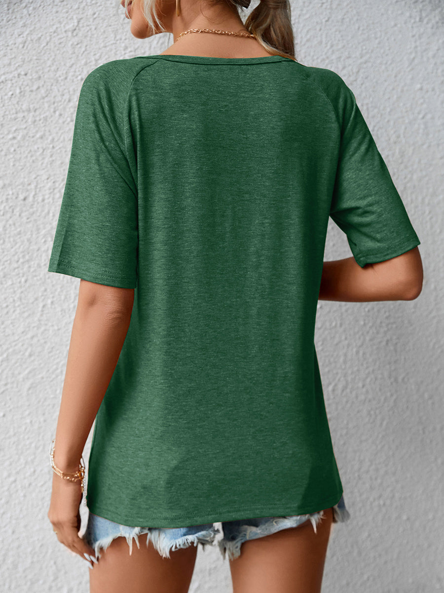 T-Shirts - Loose V Neck Lace Short Sleeve T-Shirt - MsDressly