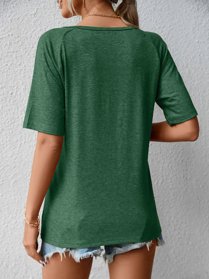 T-Shirts - Loose V Neck Lace Short Sleeve T-Shirt - MsDressly