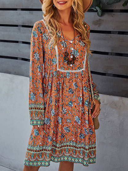 Midi Dresses - Bohemian Print V-Neck Knee Length Midi Dress - MsDressly