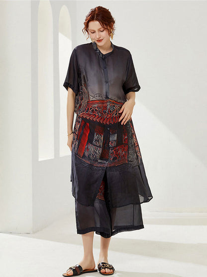 Plus Sets - Size Curve Sets Plus Size Casual Round Neck Printed Button Chiffon Two Piece Set - MsDressly