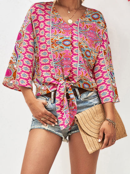 Tie Hem V-Neck Three-Quarter Sleeve Blouse