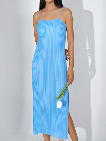 Midi Dresses - Elegant Slimming Pleated Solid Color Temperament Slit Midi Dress - MsDressly