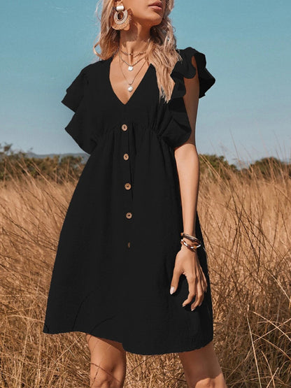 Mini Dresses - V Neck Button Up All Match Fashion Mini Dress - MsDressly