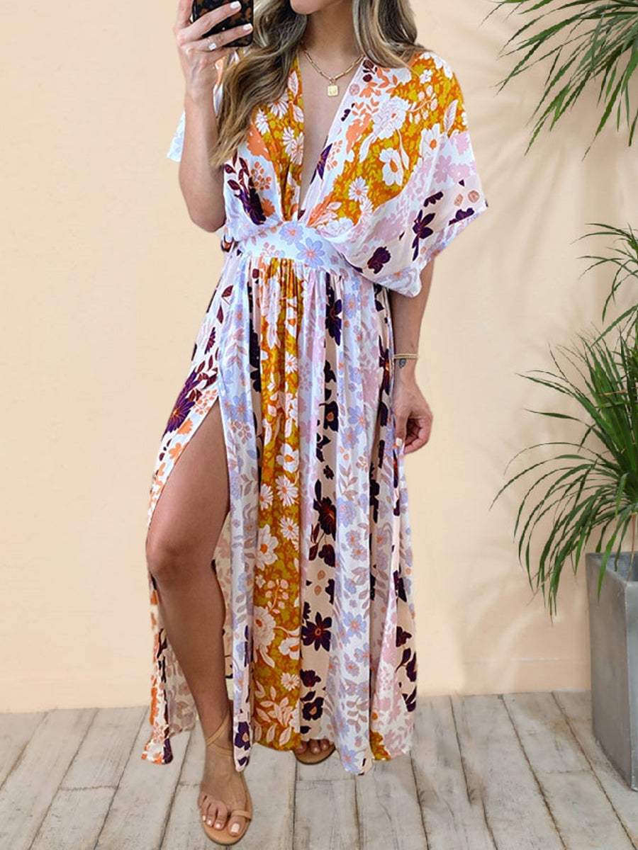 Maxi Dresses - Floral Deep V Dolman Sleeve Split Maxi Dress - MsDressly